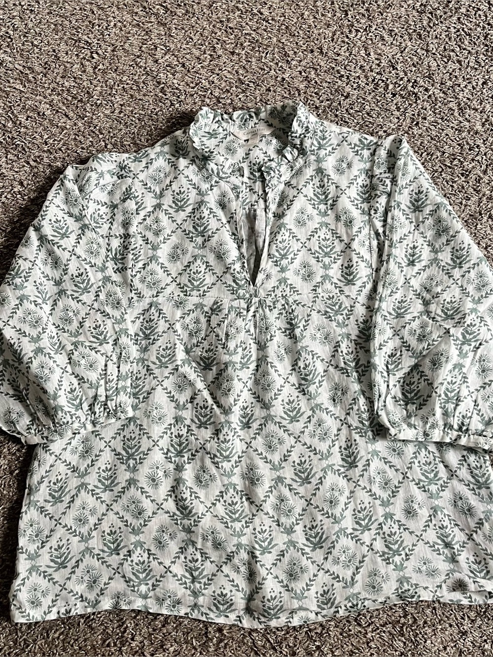 Garnet Hill 100% Linen White Green 1/2 Sleeve Bouse Artisanal Bohemian Size 14
